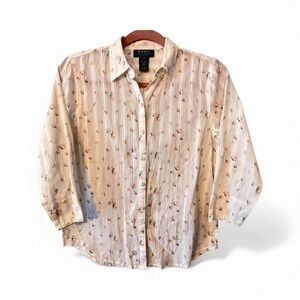 RALPH LAUREN Rose Print Button Front Cotton Blouse 3/4 Sleeve Petite Small